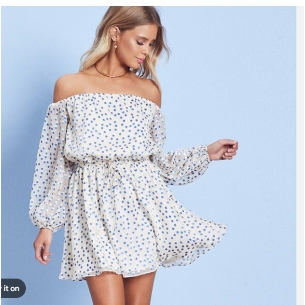 Blue Polka Dot Off The Shoulder Long Sleeve Mini Dress White Summer Boho